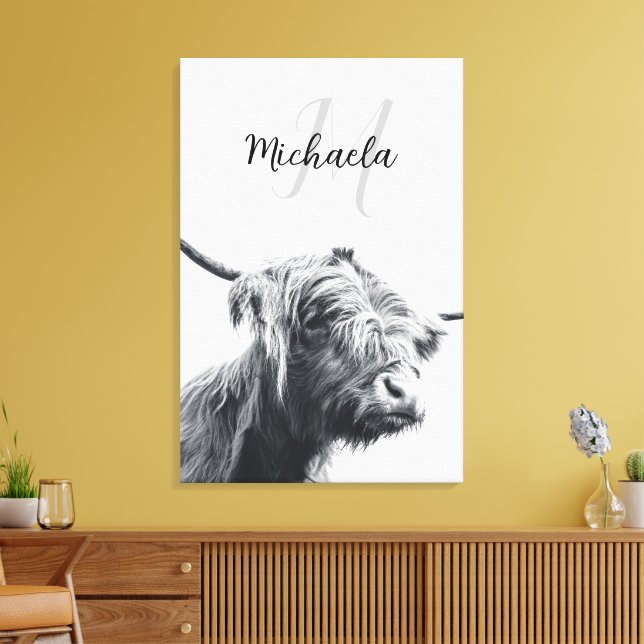 Toile portrait de vache highland monogramme initial noir (Insitu(Salon))