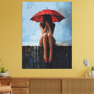 Toile Portrait Émotionnel de Femme avec Parapluie Rouge
