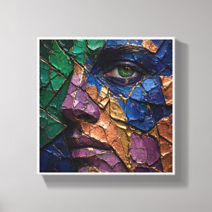 Toile Portrait Fragmenté en Impasto avec Oeil Vert et Go