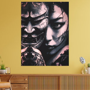 Toile Portrait réaliste d'une femme japonaise masquée av