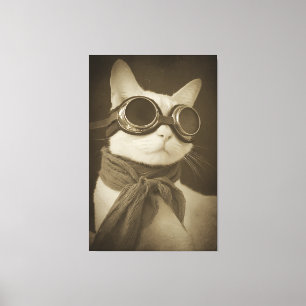 Toile Portrait sépia de chat aviateur Steampunk