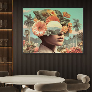 Toile Portrait surréaliste de femme avec éléments florau