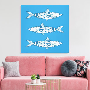 Toile Portugais Lisbonne Sardines Motif Azulejos Bleu