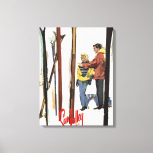 Toile Poster Skis debout dans la neige par un couple