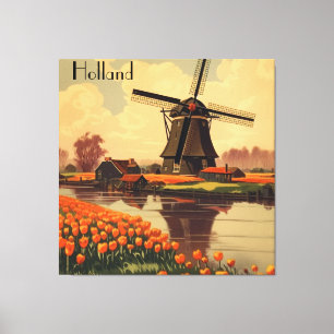 Toile Poster Vintage voyage de Hollande, tulipes et moul