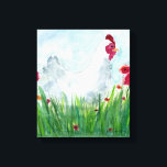 Toile Poulets et fleurs rustiques<br><div class="desc">Impression d'une aquarelle de l'artiste D. Carrasco représentant une poule et des pavots rouges.</div>