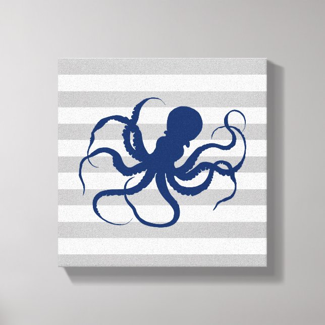 Toile Poulpe bleu marine rayures grises et blanches (Recto)