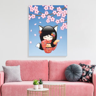 Toile Poupée Kokeshi Kitsune - Fille Geisha Renard Noir