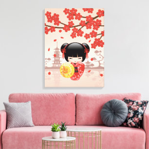 Toile Poupée Kokeshi Rouge Sakura - Geisha Japonaise