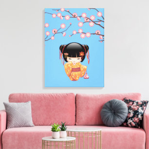 Toile Poupée Kokeshi Ume - Fille Geisha Japonaise Bleue