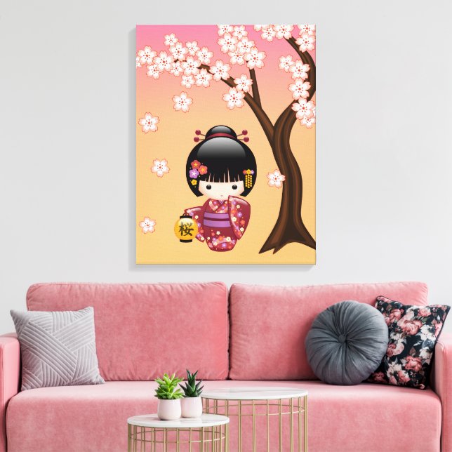 Toile Poupée Sakura Kokeshi - Geisha Girl on Peach (Insitu(Salon))
