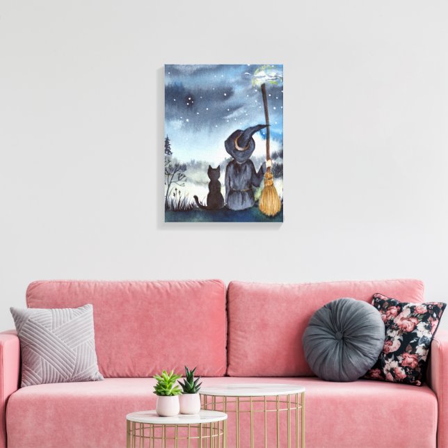 Toile Pour Halloween Chat noir et la Sorcière étoilée nu (Insitu(Salon))