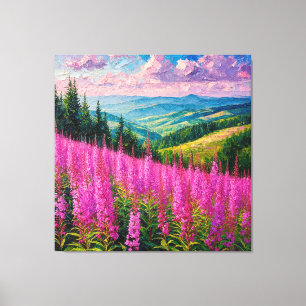 Toile Prairie de fleurs sauvages avec paysage montagneux