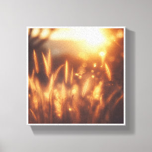 Toile Prairie Éthérée au Coucher de Soleil Doré - Chauds