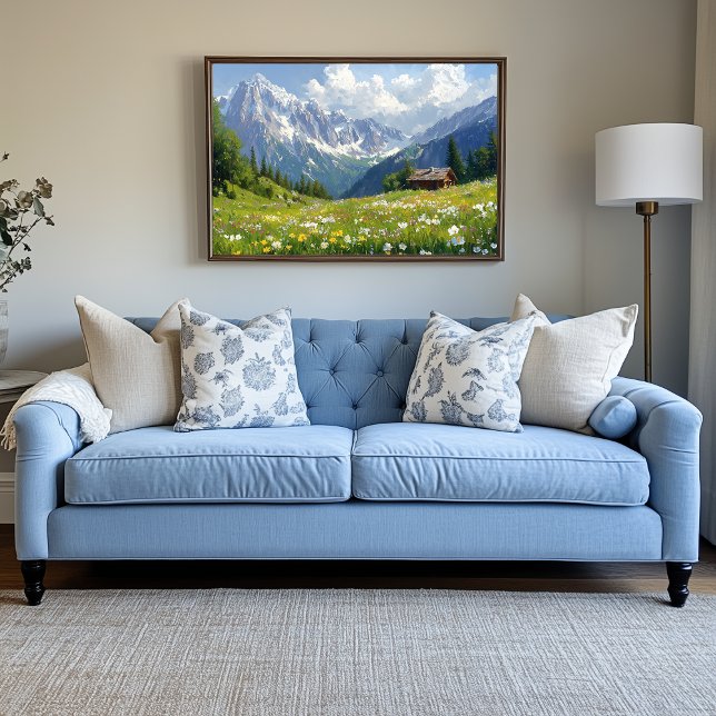 Toile Pré alpin avec Fleurs et Petit Cottage (Alpine Mountains Cabin Artwork)