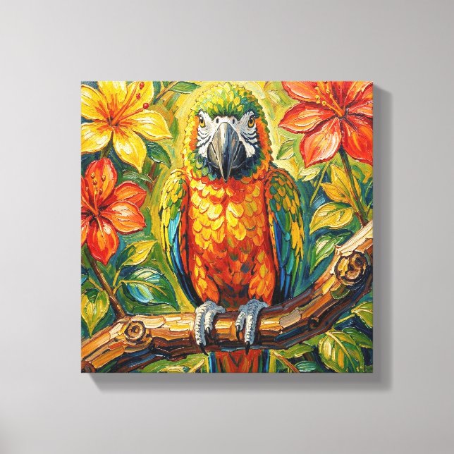 Toile Pretty Colorful Impasto Parrot and Tropical Flower (Recto)