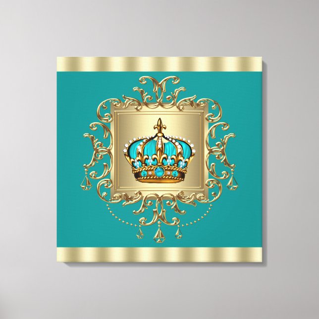 Toile Prince Couronne Elégant Bleu Sarcelle et Or (Recto)