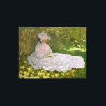 Toile Printemps par Claude Monet<br><div class="desc">Springtime de Claude Monet, huile sur toile 1872, est une peinture de paysage d'une jeune femme en robe blanche éclatante et bonnet blanc assis à l'ombre sous un groupe d'arbres, lisant un livre. Autour d'elle, la lumière intense du soleil de printemps chaud se brise à travers les feuilles des arbres,...</div>