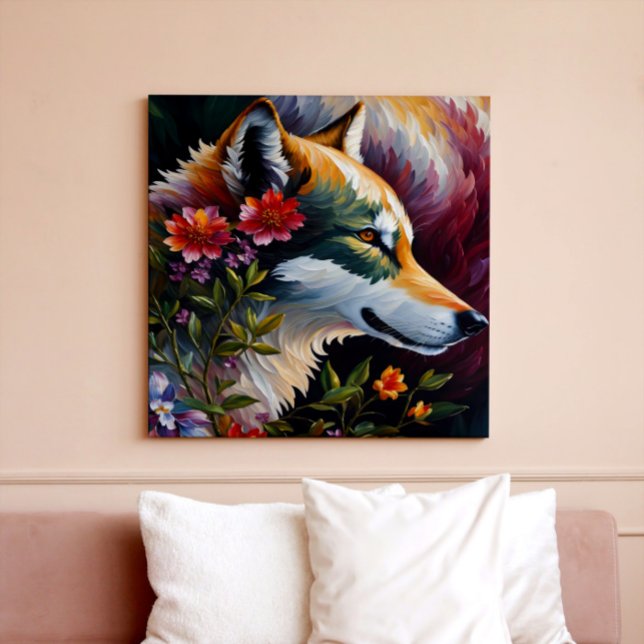 Toile Profil Wolf Floral Portrait Art (Multicolor floral wolf art on canvas print mockup.)