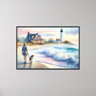 Toile Promenade côtière jusqu'au phare au coucher du sol