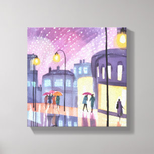 Toile Promenade Lofi Pluvieuse Aquarelle Lumières Colo