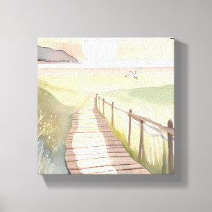 Toile Promenade Océanique Aquarelle Coucher de Soleil