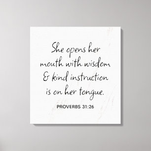 Toile Proverbes 31:26 Verset de la Bible Marbre Glam
