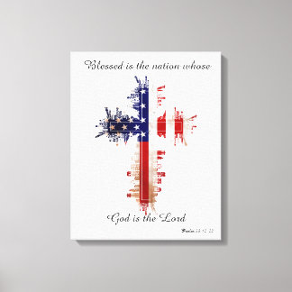 Toile Psaume 33:12 American Flag Cross