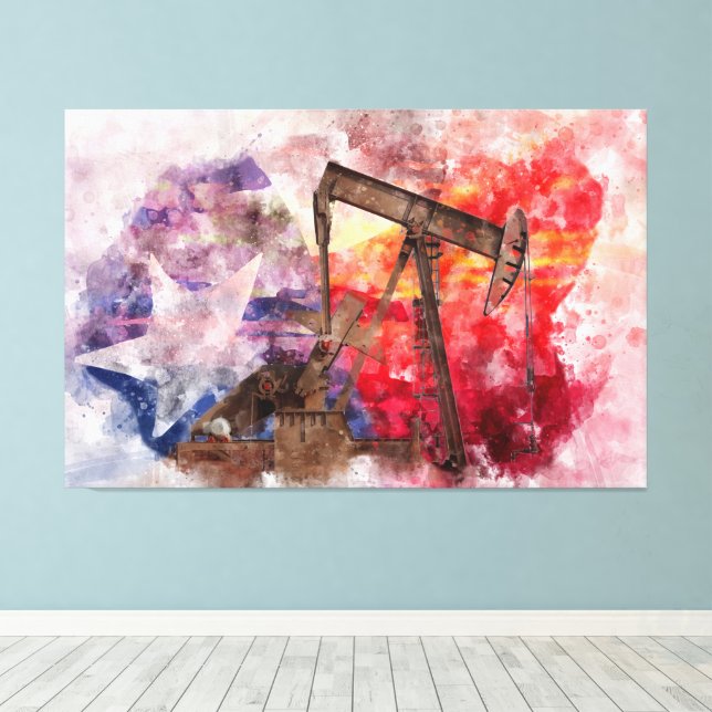 Toile Pumpjack Texan icône aquarelle avec Texas Flag (Insitu (Plancher de Bois))