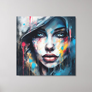 Toile Quadro abstrato rosto de mulher azul cinza etc...