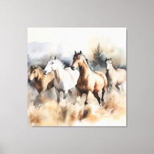Toile « Quatre mustangs sauvages » Aquarelle poussiéreus