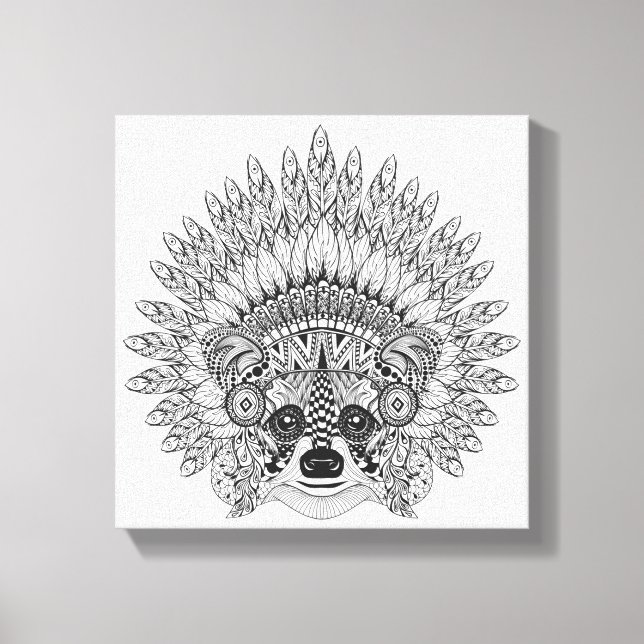 Toile Raccoon Dans Plumes War Bonnet Doodle 6 (Recto)