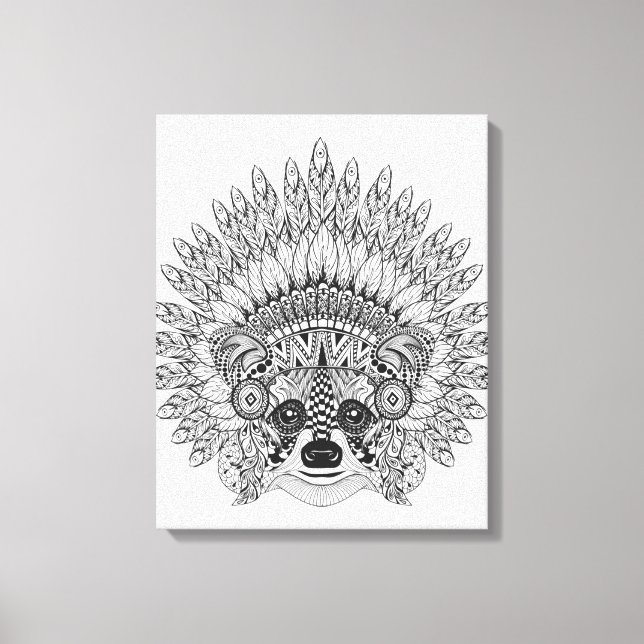 Toile Raccoon Dans Plumes War Bonnet Doodle 6 (Recto)