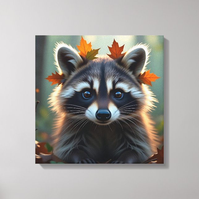 Toile Raccoon mignon dans les feuilles d'automne (Recto)