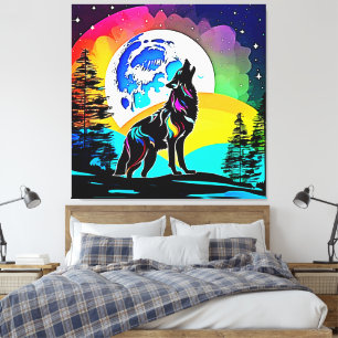 Toile Rainbow Lunar Wolf Howl Art