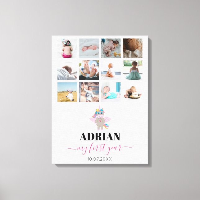 Toile Rainbow Unicorn Baby Girl First Year Photo Collage (Recto)