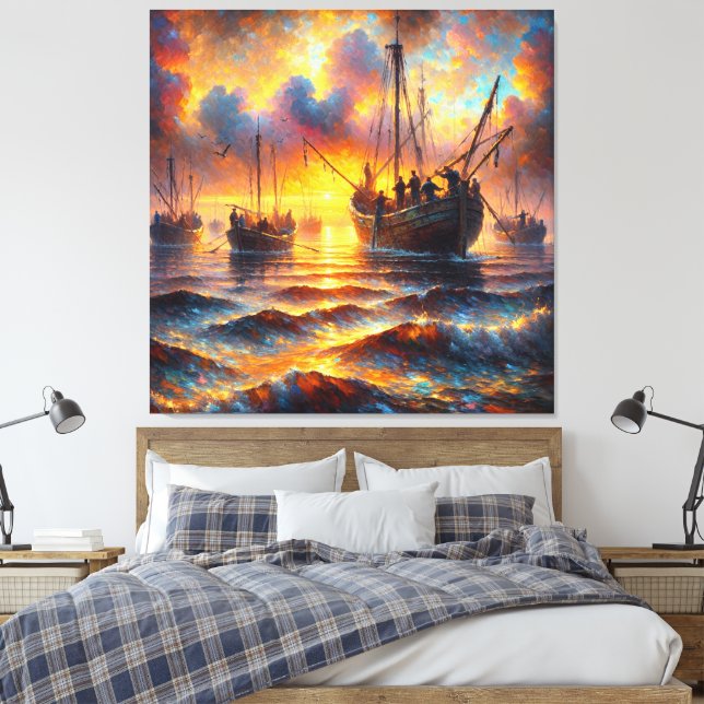 Toile Récupération des pêcheurs au coucher du soleil (Insitu(Chambre))