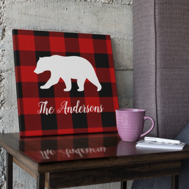 Toile Red Buffalo Plaid & Bear | Nom personnel Cadeau (Créateur téléchargé)