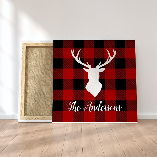 Toile Red Buffalo Plaid & Deer | Nom personnel Cadeau (Créateur téléchargé)