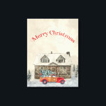 Toile Red Car Winter Scène Joyeux Noël<br><div class="desc">Belle aquarelle style rustique scène d'hiver pour célébrer la saison de Noël. Voiture rouge vintage classique avec sapin de Noël. Cabine rustique avec scène de neige.</div>