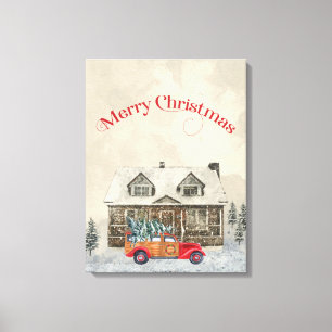 Toile Red Car Winter Scène Joyeux Noël