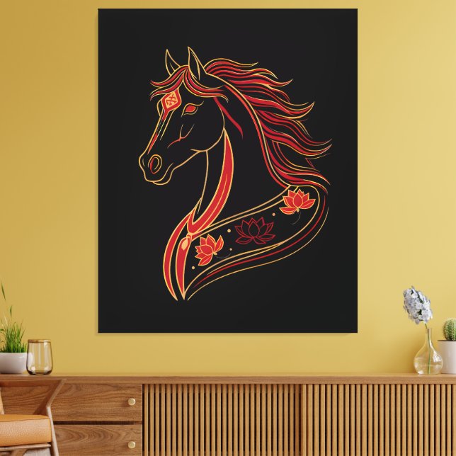 Toile Red & Gold Horse with Lotus, Spiritual Symbolic  (Insitu(Salon))