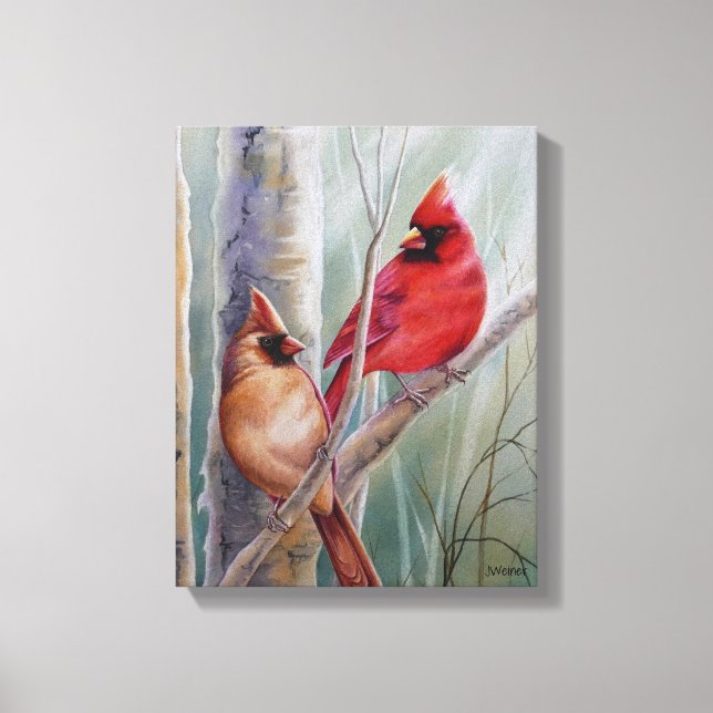 Toile Red Northern Cardinal Bird Pair Aquarelle Art (Recto)