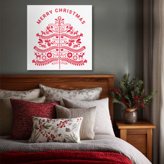 Toile Red Scandinavian Folk Art Christmas Tree
