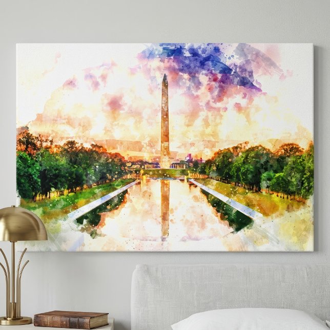 Toile Reflet du coucher de soleil aquarelle du monument  (Washington Monument Watercolor Sunset Reflection. Canvas Print)