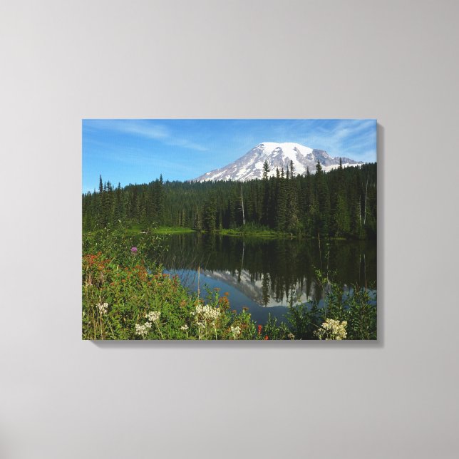Toile Reflet du lac du mont Rainier avec des fleurs sauv (Recto)