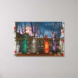 Toile Réflexion   Vases en verre coloré dans la fenêtre