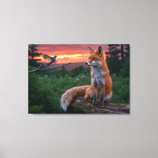 Toile Renard et Oiseau au coucher du soleil – Forêt Tran