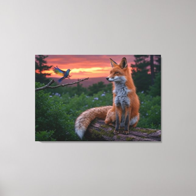 Toile Renard et Oiseau au coucher du soleil – Forêt Tran (Recto)