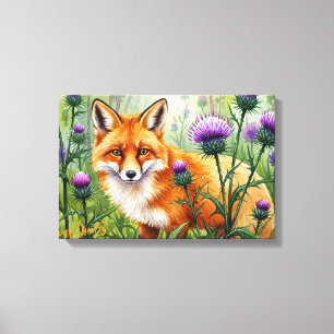 Toile Renard parmi les fleurs de chardon violet Aquarell